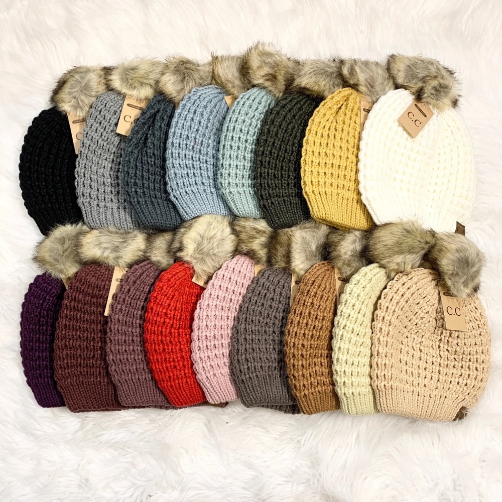 C.C Beanies Waffle Stitch (Inner Lining) Pom Beanie for Adults, Winter Cozy Hats